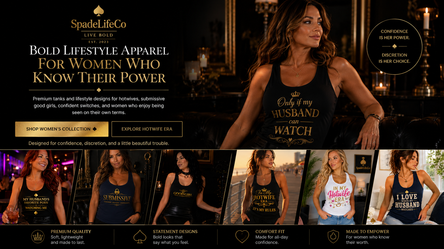 SpadeLifeCo bold lifestyle apparel collection — hotwife and confident women's tank tops and graphic tees
