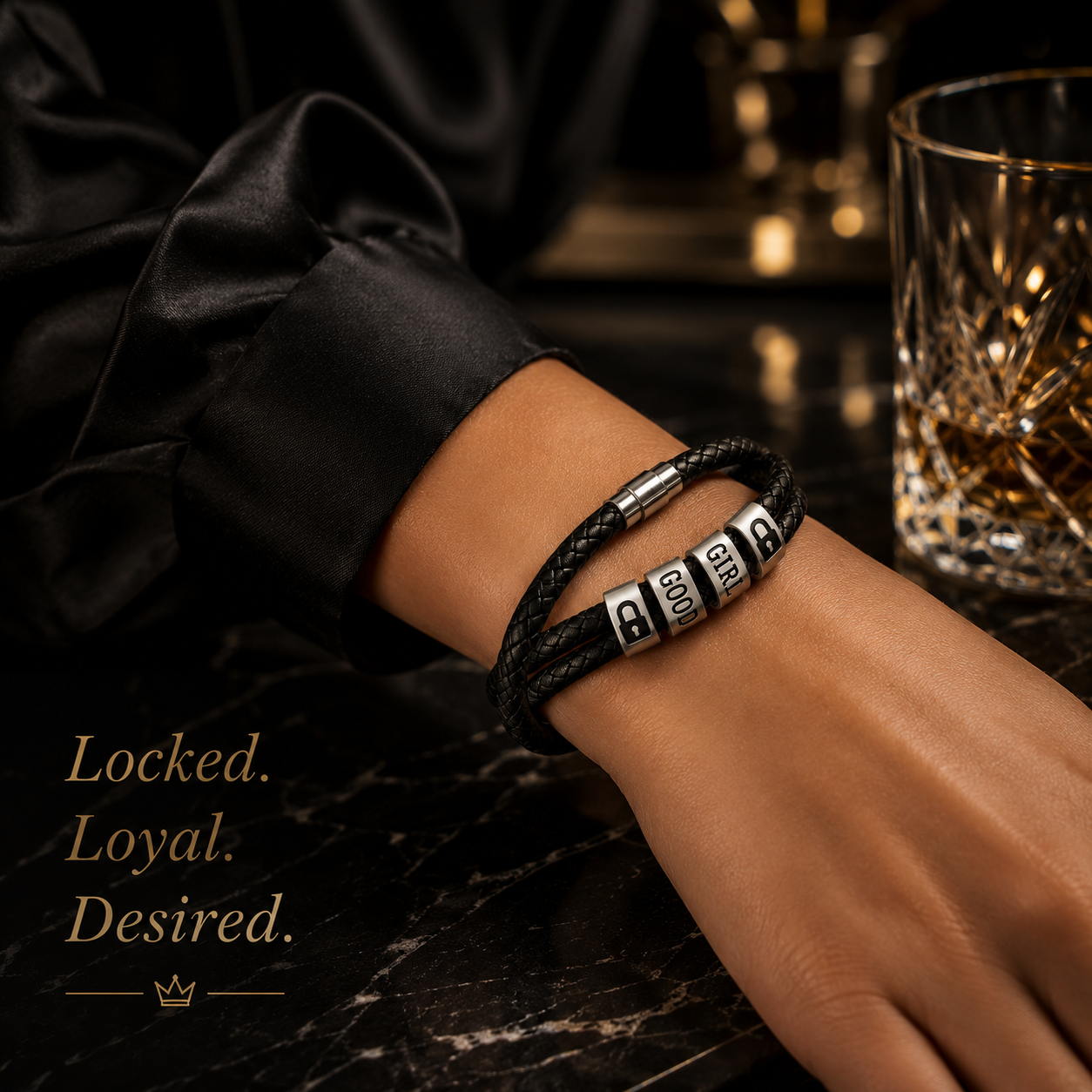 Woman wearing Good Girl bracelet