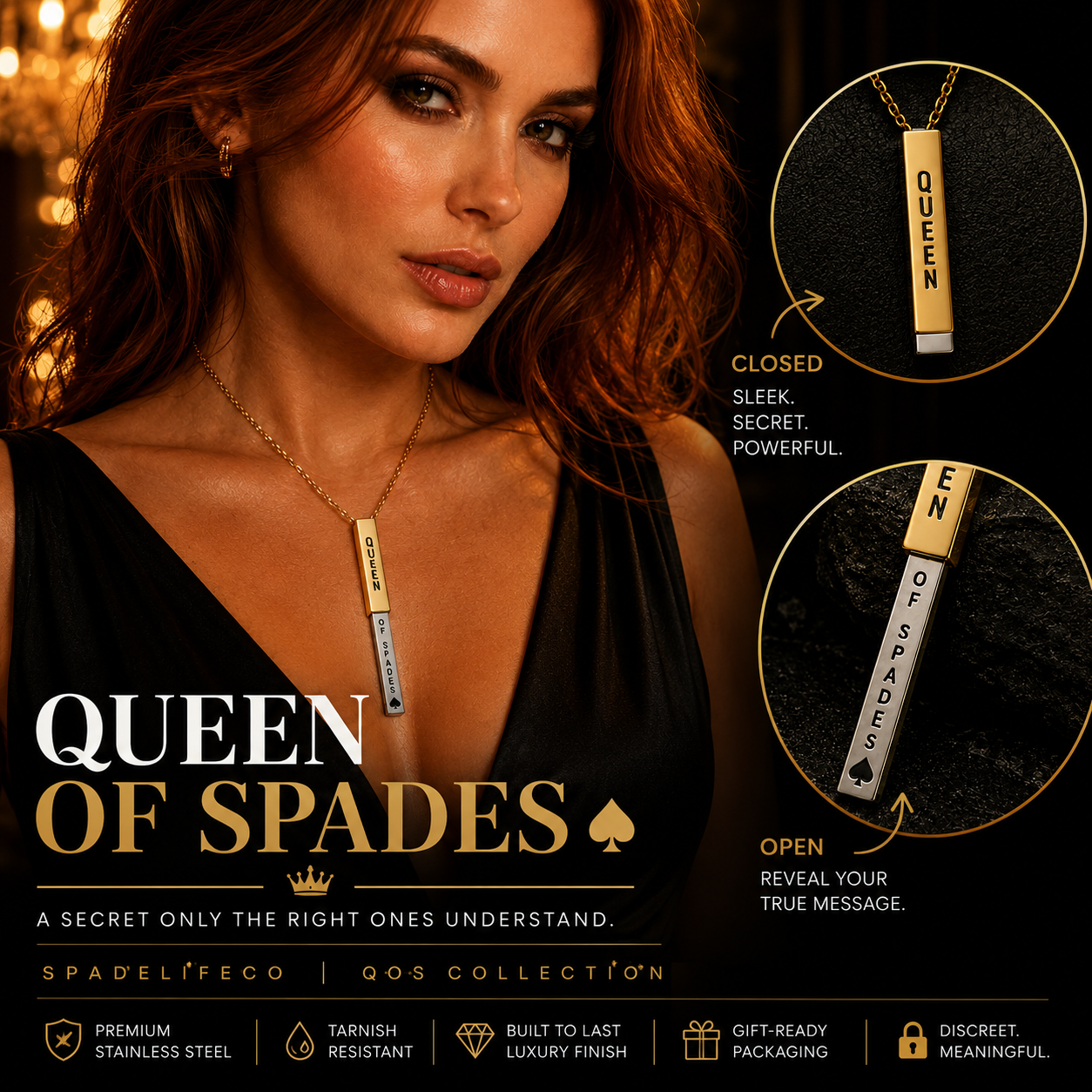 Hidden Message necklace Queen of Spades Edition gold jewelry