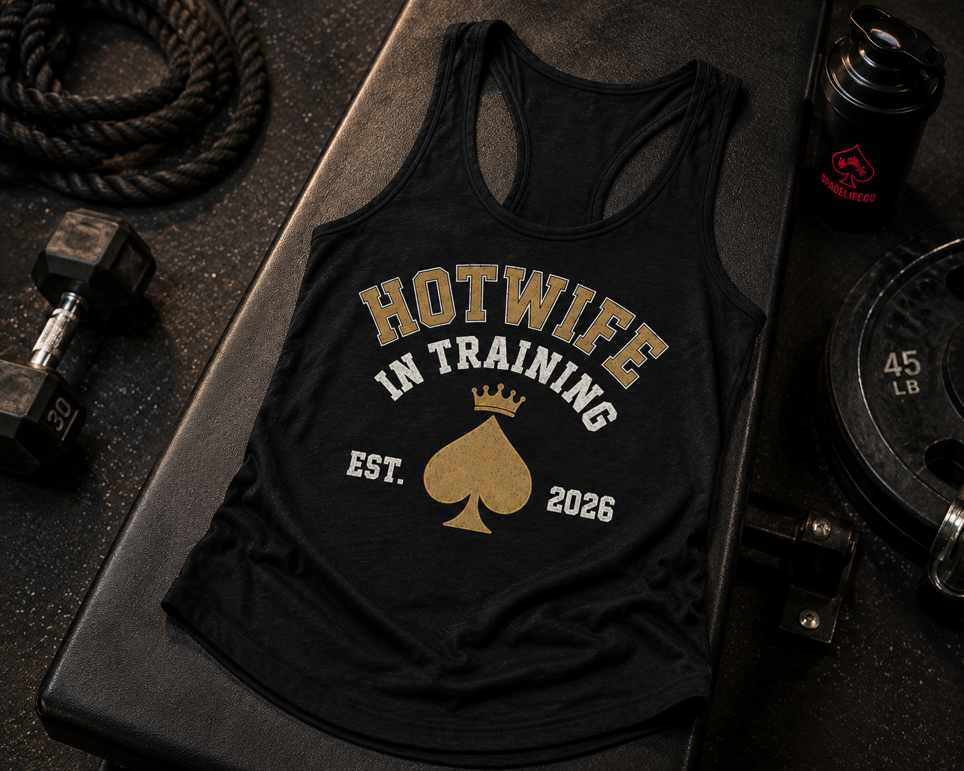 Woman wearing Hotwife in Training black tank top